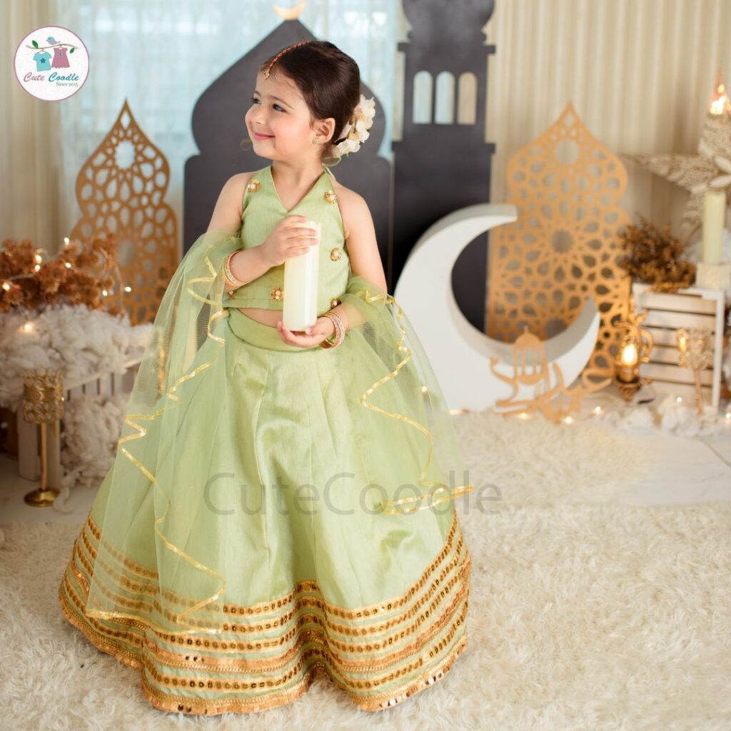 Sage green raw silk lehenga