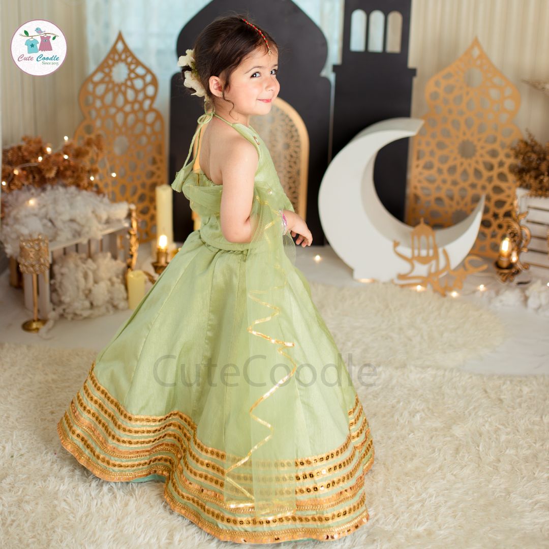 Sage green raw silk lehenga